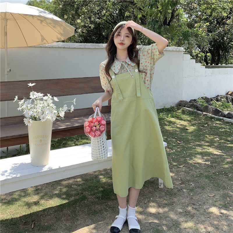 Summer new super xiansen Department medium and long suspender dress female students look thin and age reducing suspender skirt one-piece suit