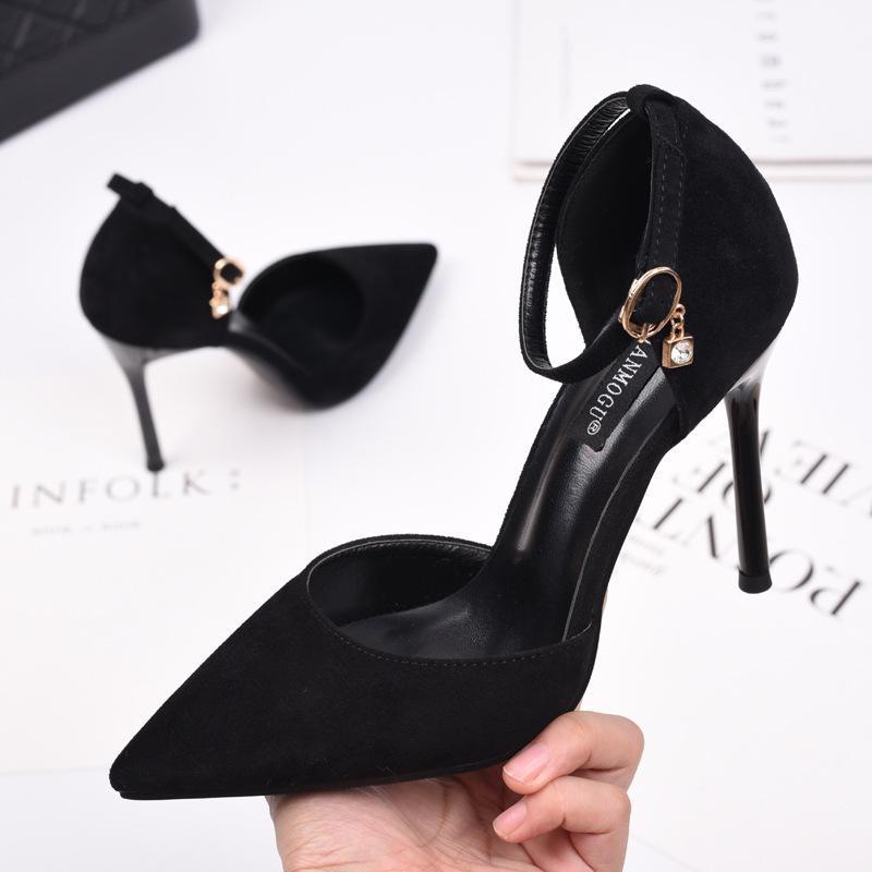 2023 new all-match high-heeled shoes women's stiletto hollow black professional pointed one-word buckle nightclub women's shoes single shoes