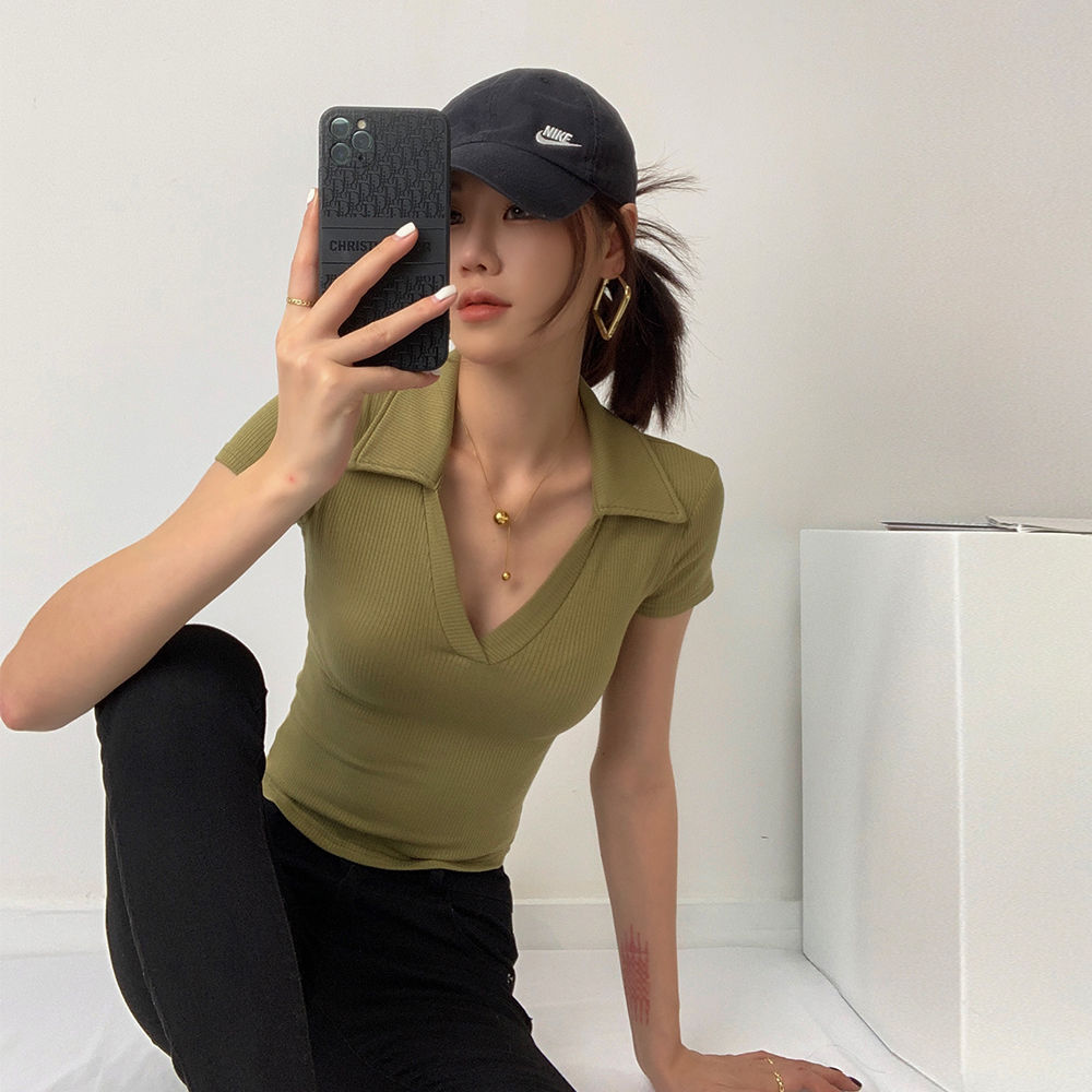AliuStudio European and American sexy hot girl style V-neck skinny elastic short-sleeved lapel T-shirt + jumpsuit