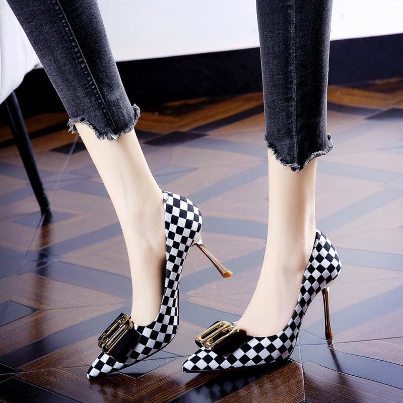 British color matching lattice metal buckle pointed high-heeled shoes 2023 spring net red street shooting sexy stiletto shoes women