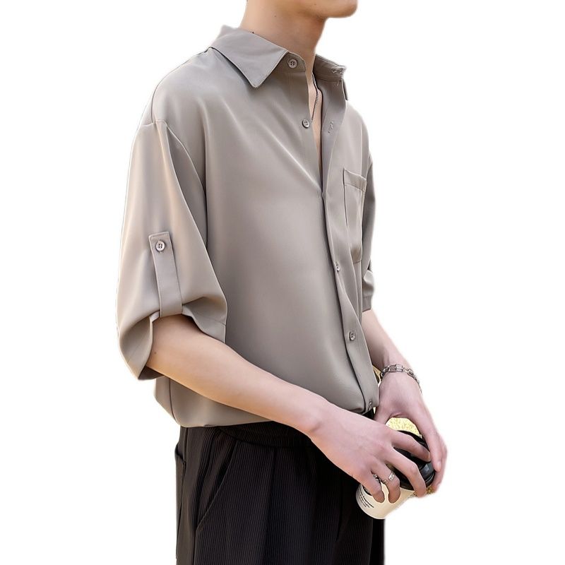 Light and familiar style handsome men's ice silk shirt men's short-sleeved summer thin section loose drape design sense niche shirt