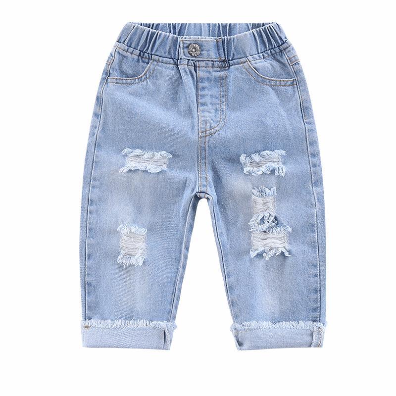Baby summer jeans boys and girls cropped pants  new children's thin section ripped summer western-style pants [shipping within 15 days]