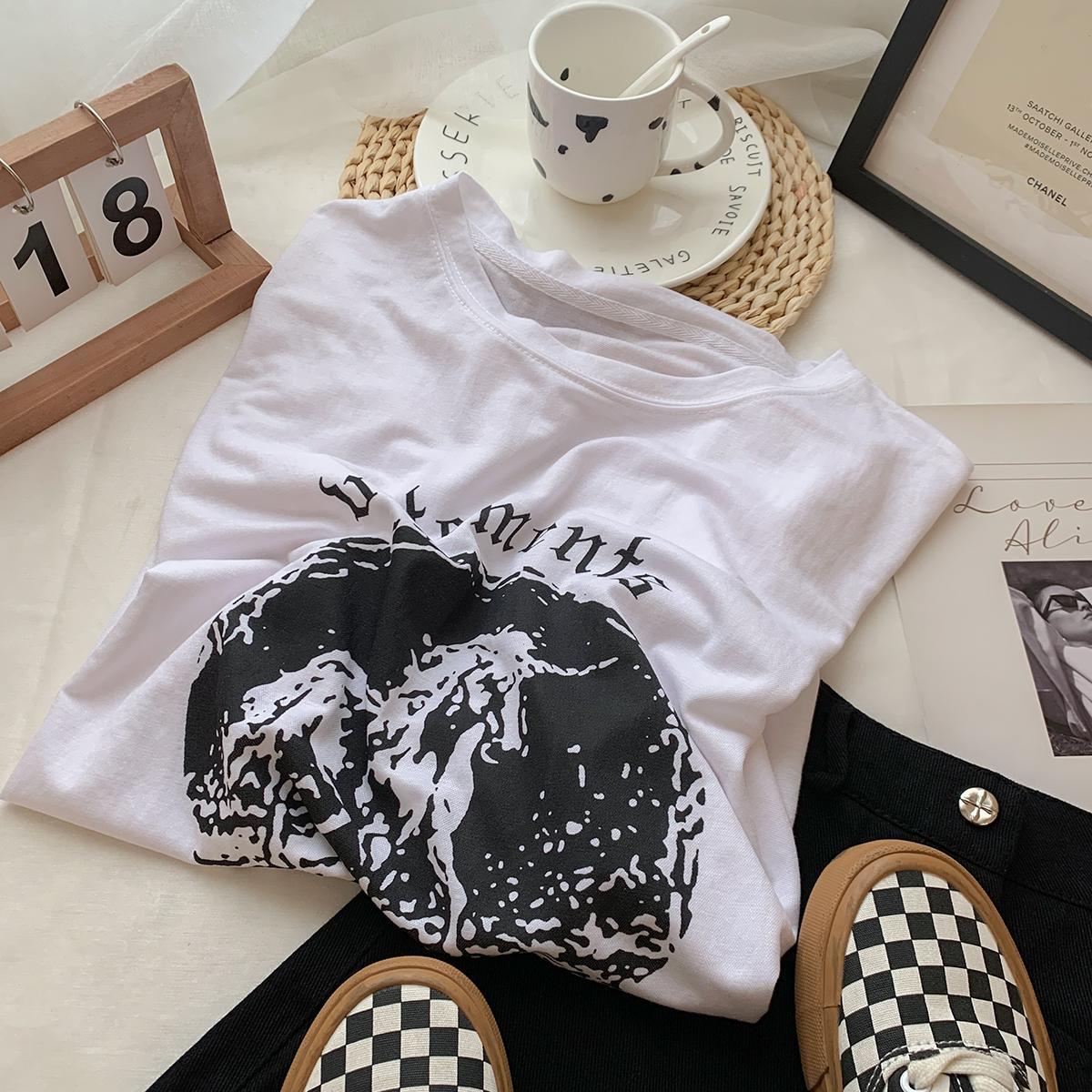 American half-sleeved silky breathable unicorn print short-sleeved T-shirt women's summer loose lazy bottom missing top