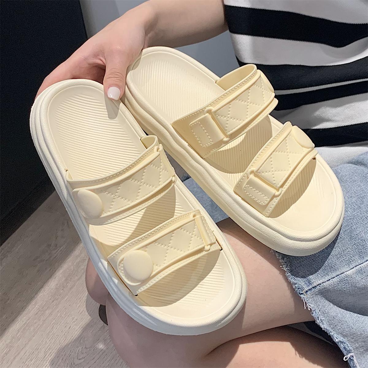 Thin strip Japanese casual home non-slip soft thick-soled slippers women's summer outerwear personality double-belt buckle sandals and slippers