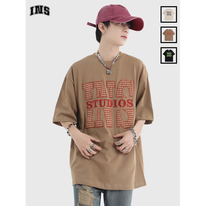 INSstudios 分割大LOGO短袖自製國潮復古顆粒植絨毛巾繡純棉T恤男