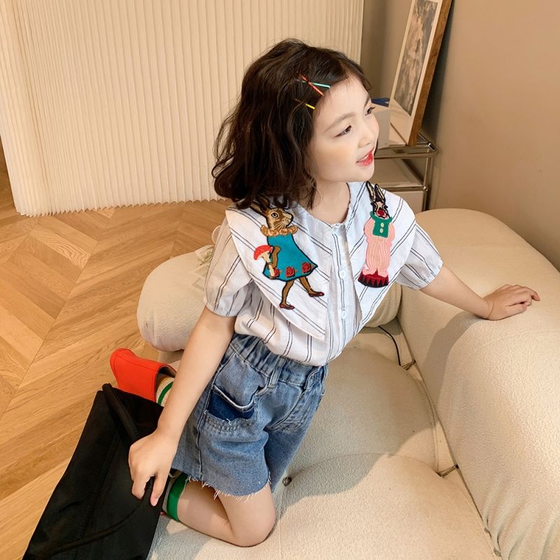 [Embroidery] Girls' short-sleeved shirts 2023 summer new style foreign style girls thin tops casual outerwear shirts