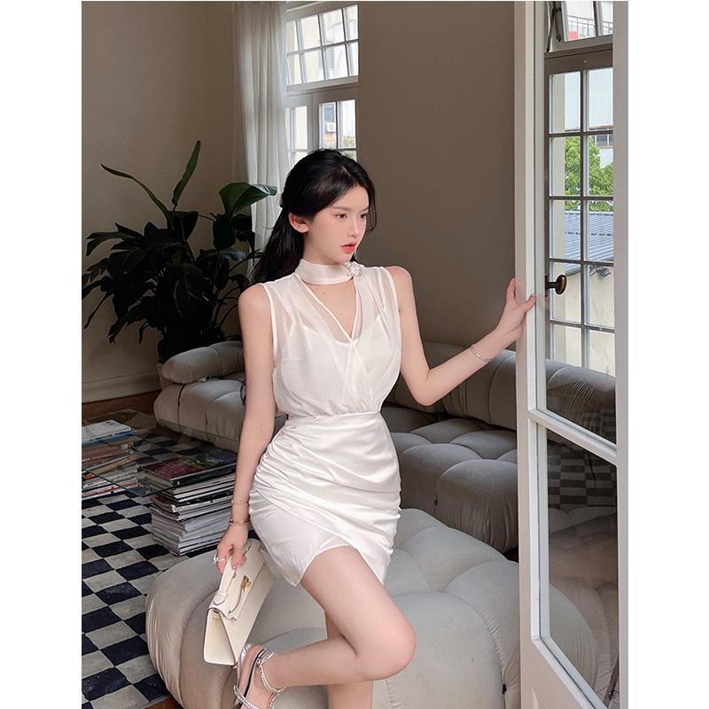 Small design summer temperament v-neck satin sleeveless hip-covering short skirt suspender dress pleated halter neck