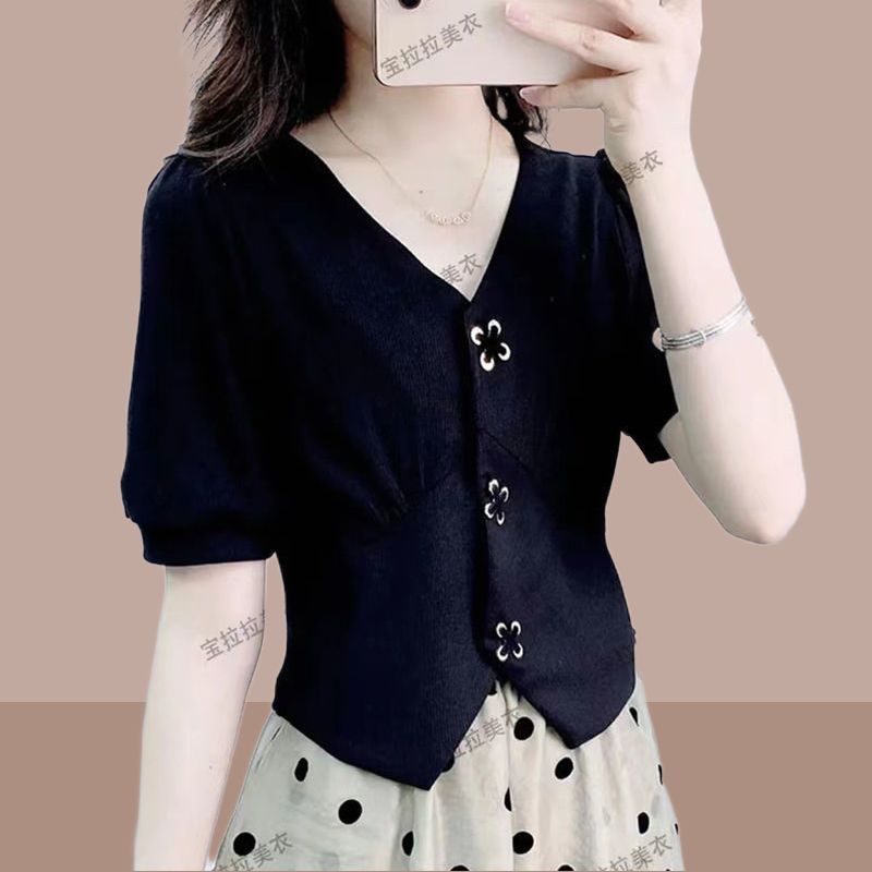 2023 summer new V-neck design sense shirt female black gentle wind cover belly jacket short puff sleeves
