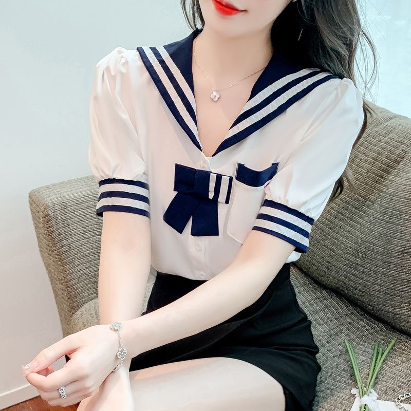 Striped navy collar short-sleeved shirt women 2022 summer new temperament net red age-reducing top high waist short shirt