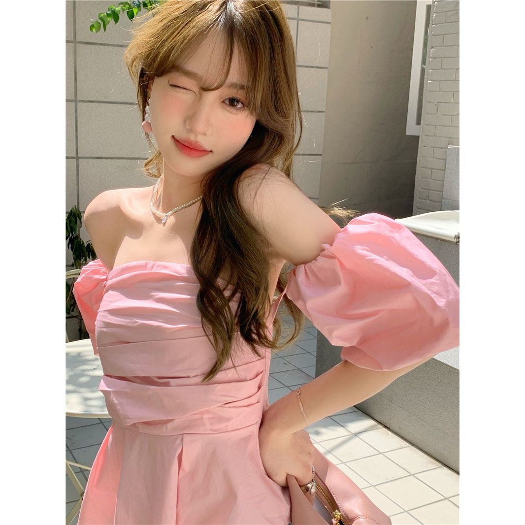 Hong Kong-flavored green one-shoulder shirt women's summer chic and gentle puff sleeves small shirt short tube top trendy