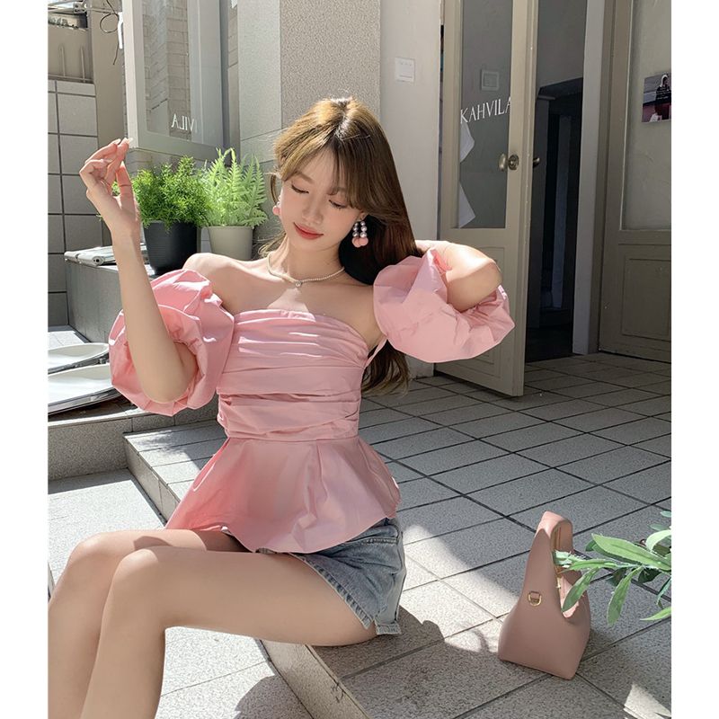 Hong Kong-flavored green one-shoulder shirt women's summer chic and gentle puff sleeves small shirt short tube top trendy