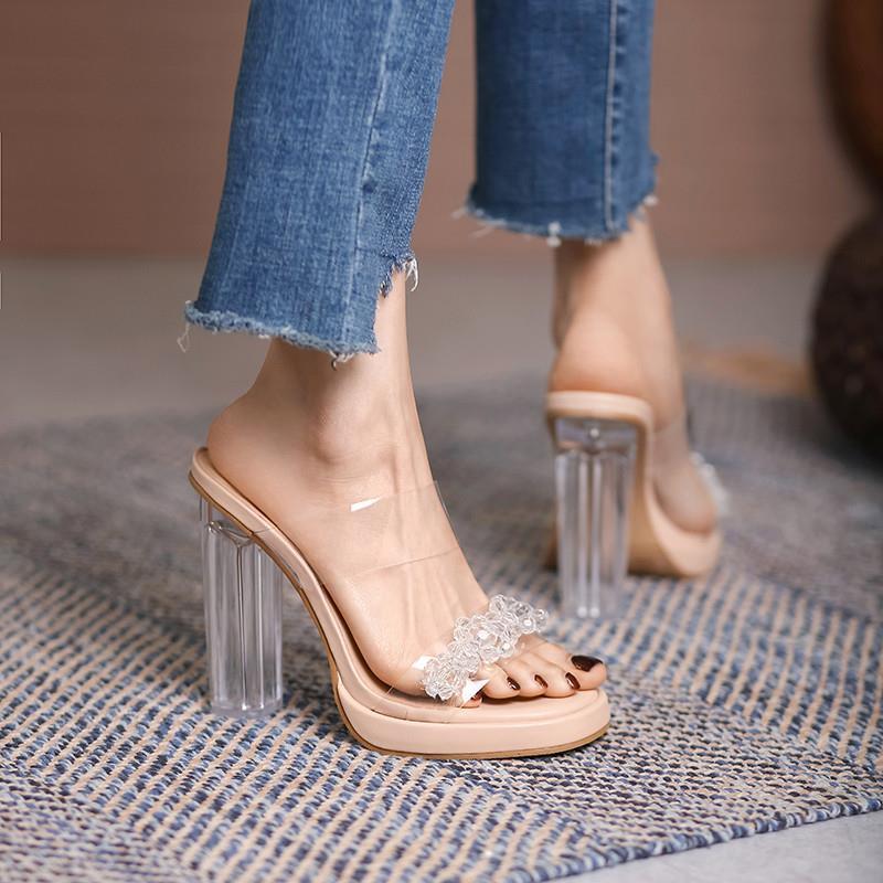 Transparent waterproof platform rhinestone sandals women 2022 summer new all-match crystal chunky heel niche design high heels