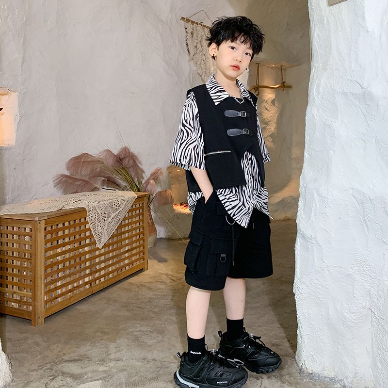 三件套黑色西裝皮扣馬甲男童夏季新款機能風中大童街舞兒童工裝潮