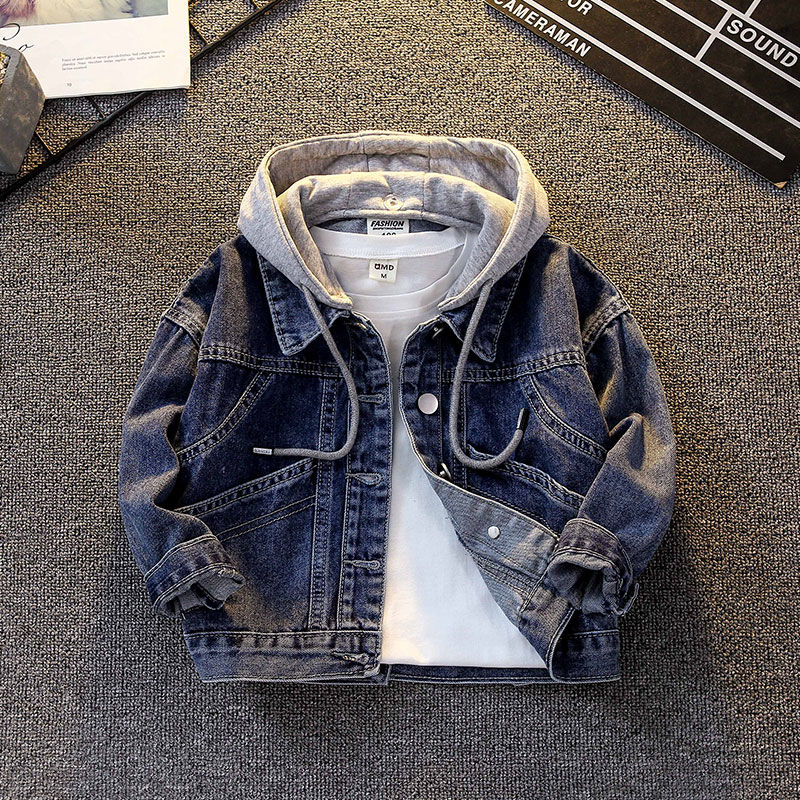Boys' denim jacket spring and autumn 2023 new foreign style children's denim jacket hooded autumn and winter fleece top boys trendy