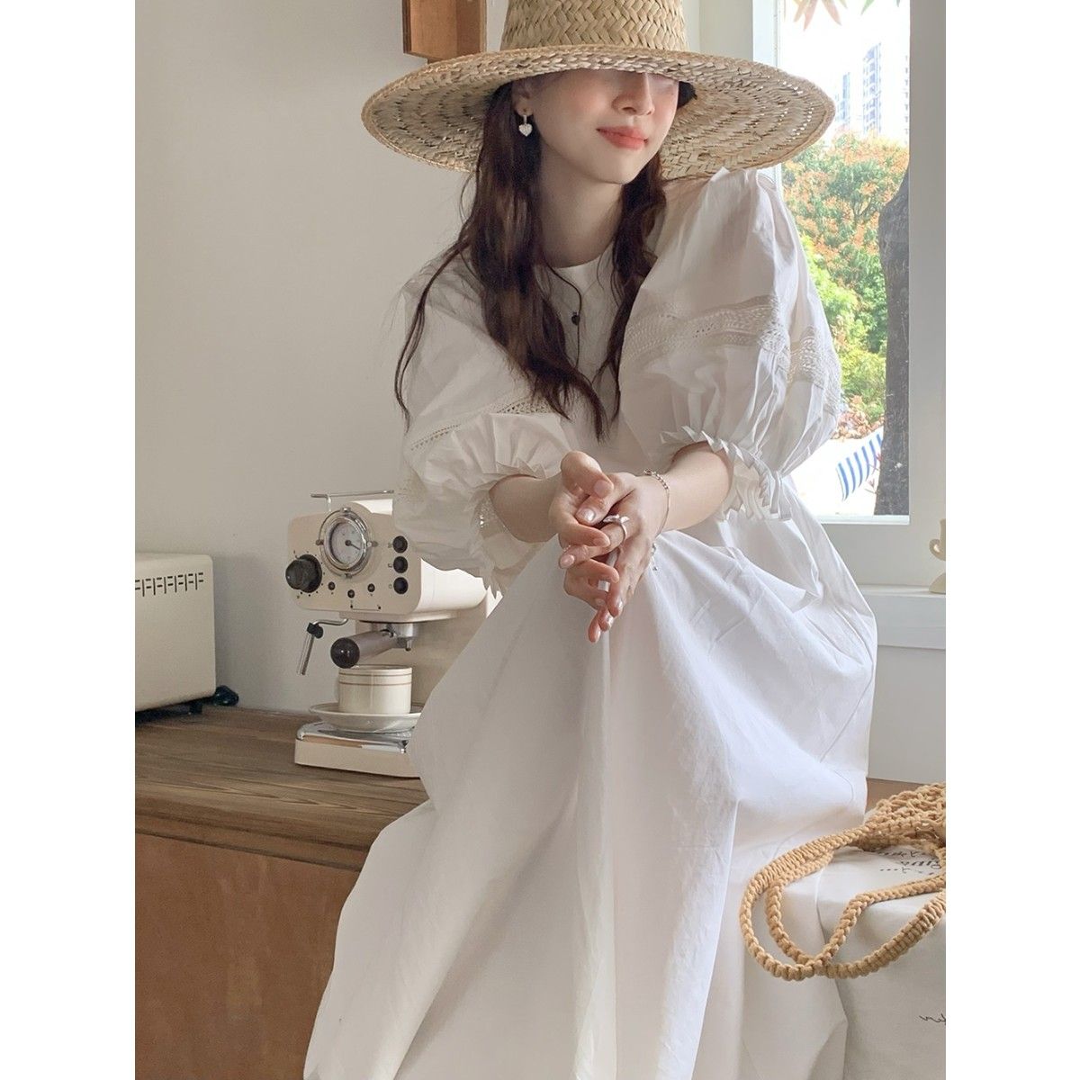 Plus size women's fat mm2022 summer Korean chic sweet loose simple temperament empty lantern sleeve dress