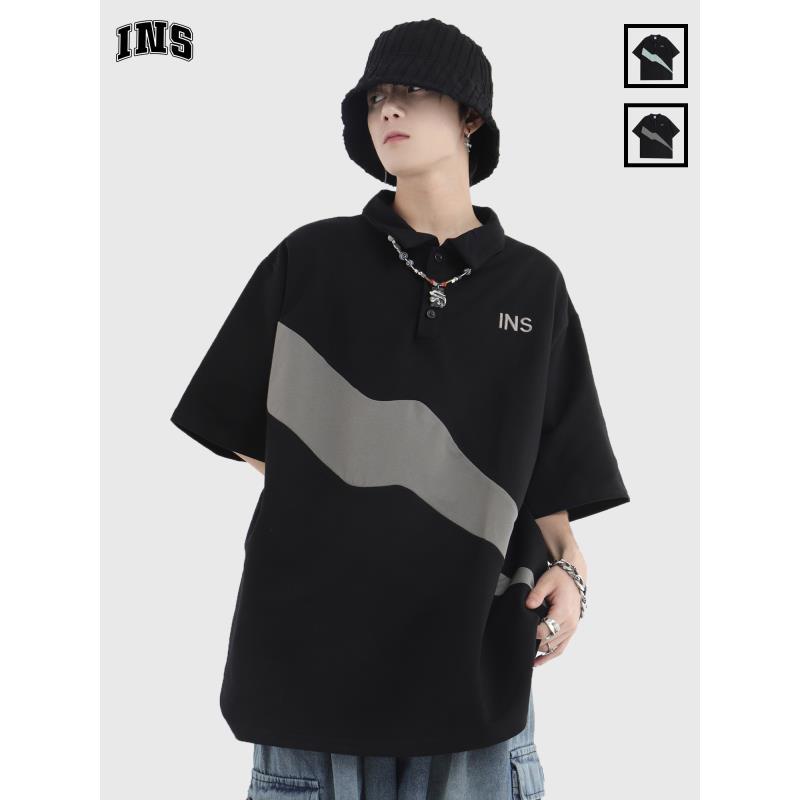 INSstudios 拼接翻領POLO短袖自製國潮情侶復古小logo刺繡純棉T恤