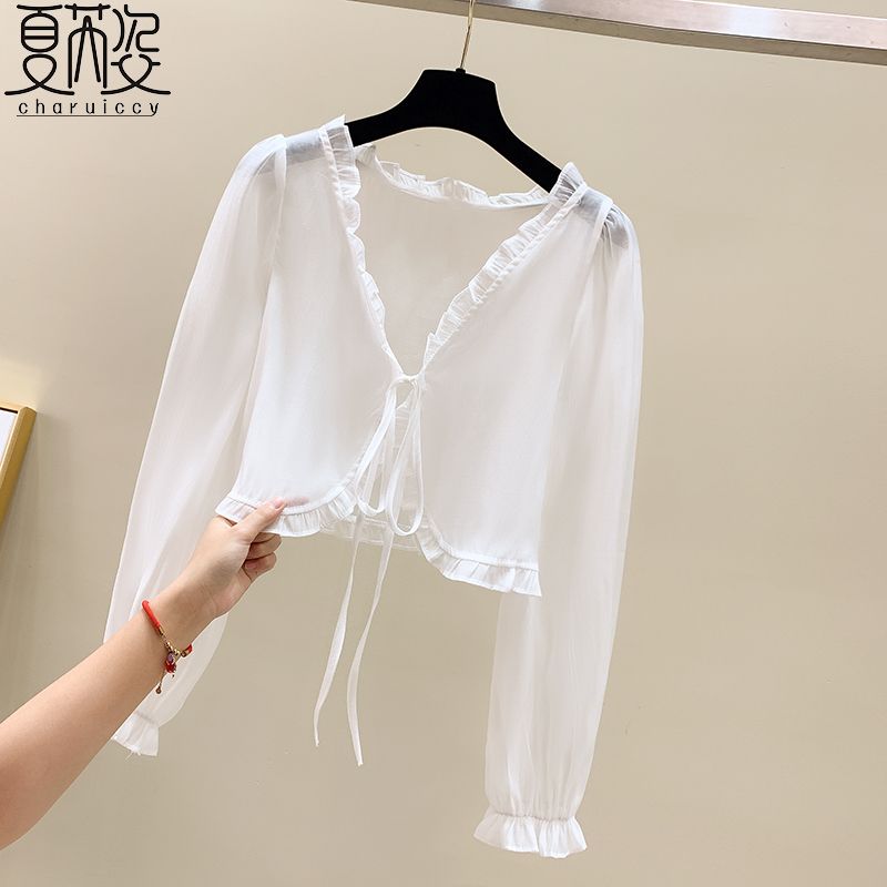 Sunscreen clothing for women in summer, thin long sleeved chiffon top, cardigan shawl with suspender, short jacket, fairy