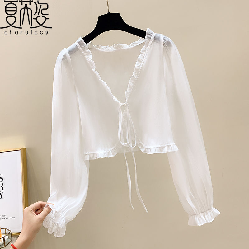 Sunscreen clothing for women in summer, thin long sleeved chiffon top, cardigan shawl with suspender, short jacket, fairy