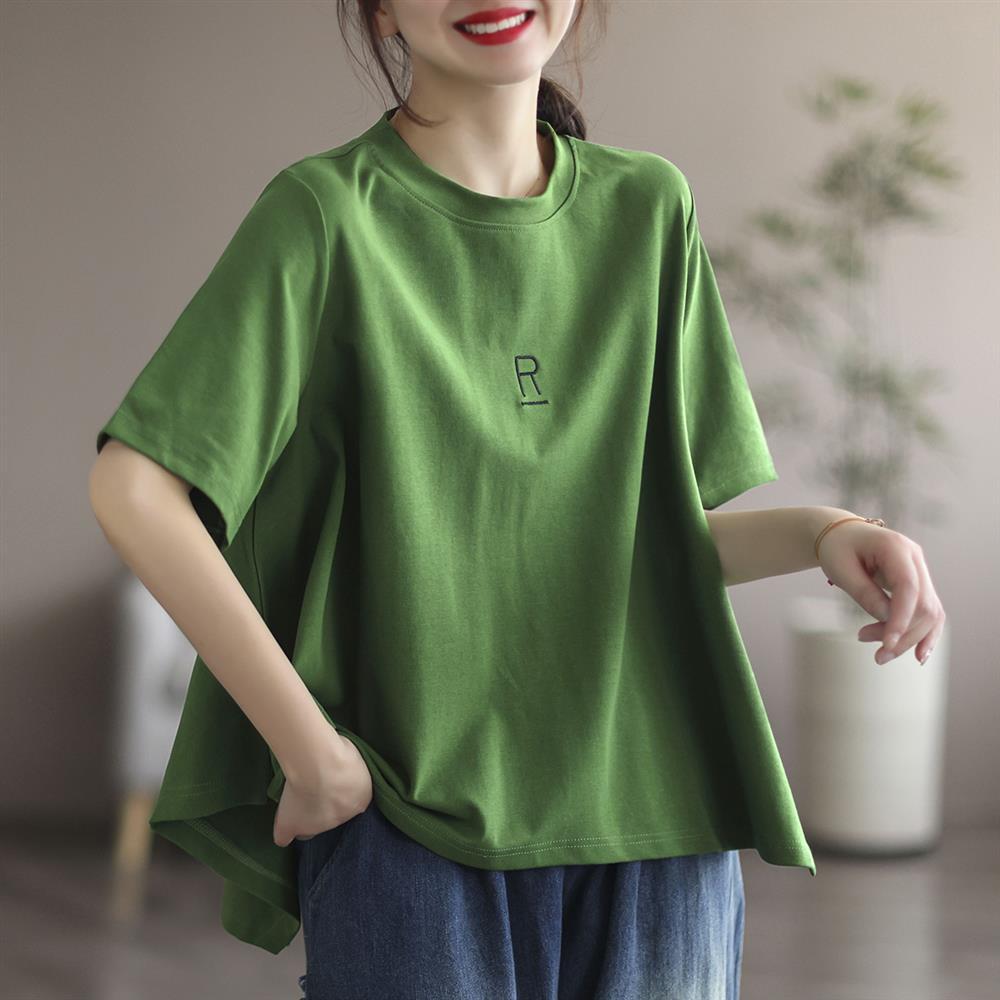 棉2023夏季新款小清新大碼T恤字母刺繡休閒短袖外穿t恤女