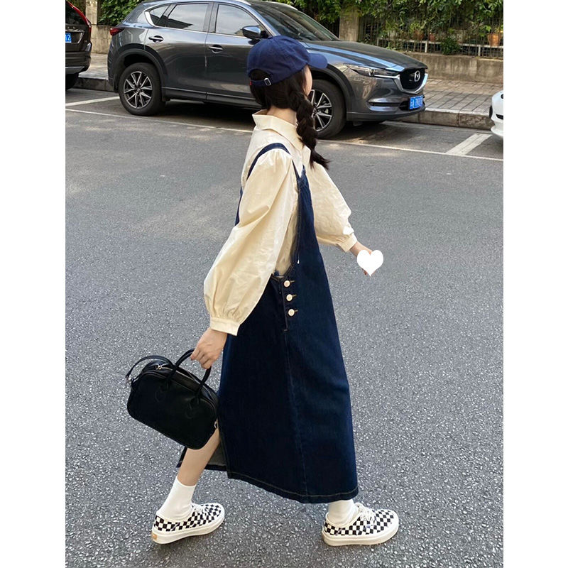 深藍色酷鹽系小個子牛仔背帶裙女春夏季高腰顯瘦開叉中長款連衣裙