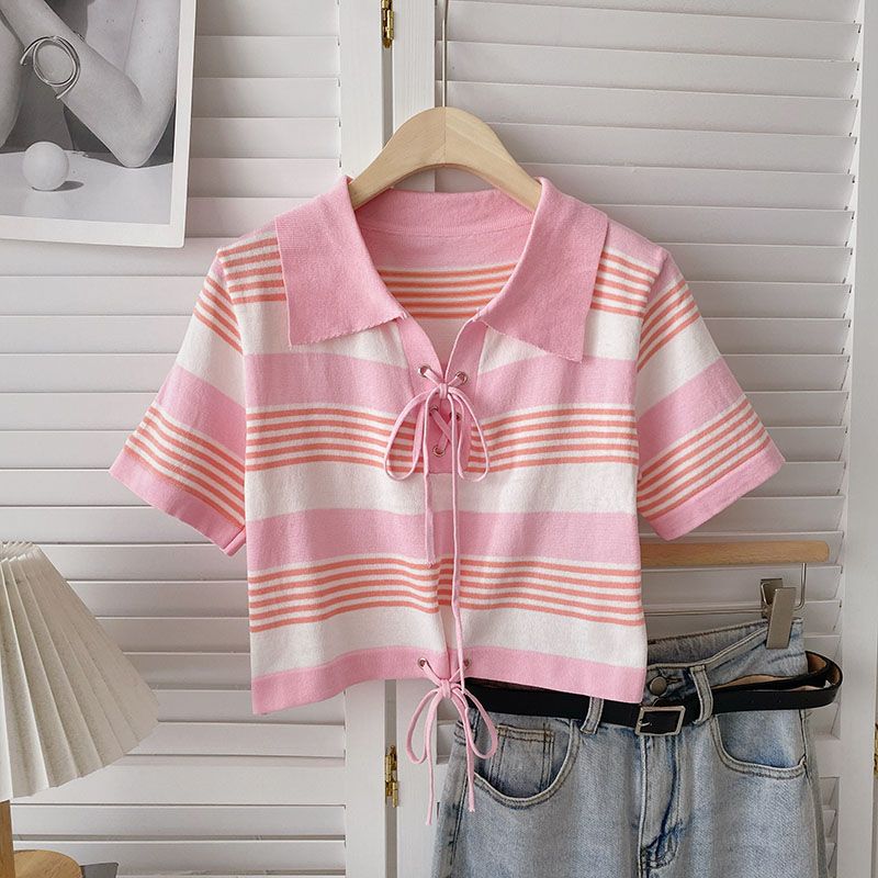 少女粉色条纹甜美短袖针织衫女2023夏季韩版修身显瘦百搭短款上衣