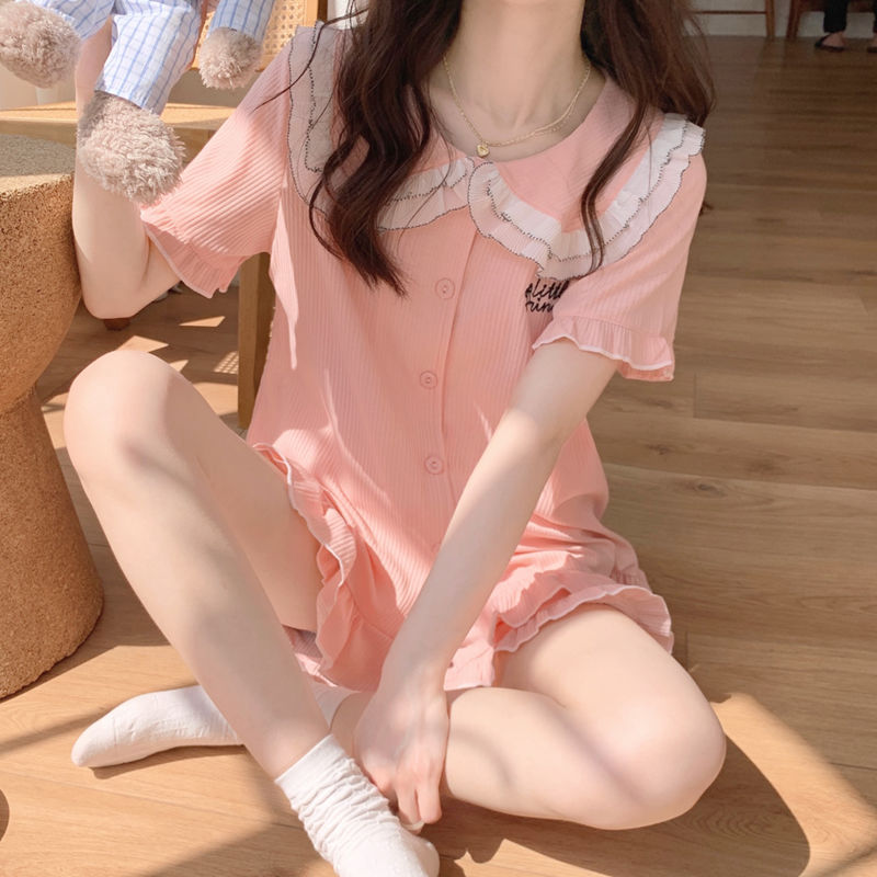 Japanese pajamas women's summer short-sleeved thin section sweet and cute doll collar princess style cardigan button home service summer