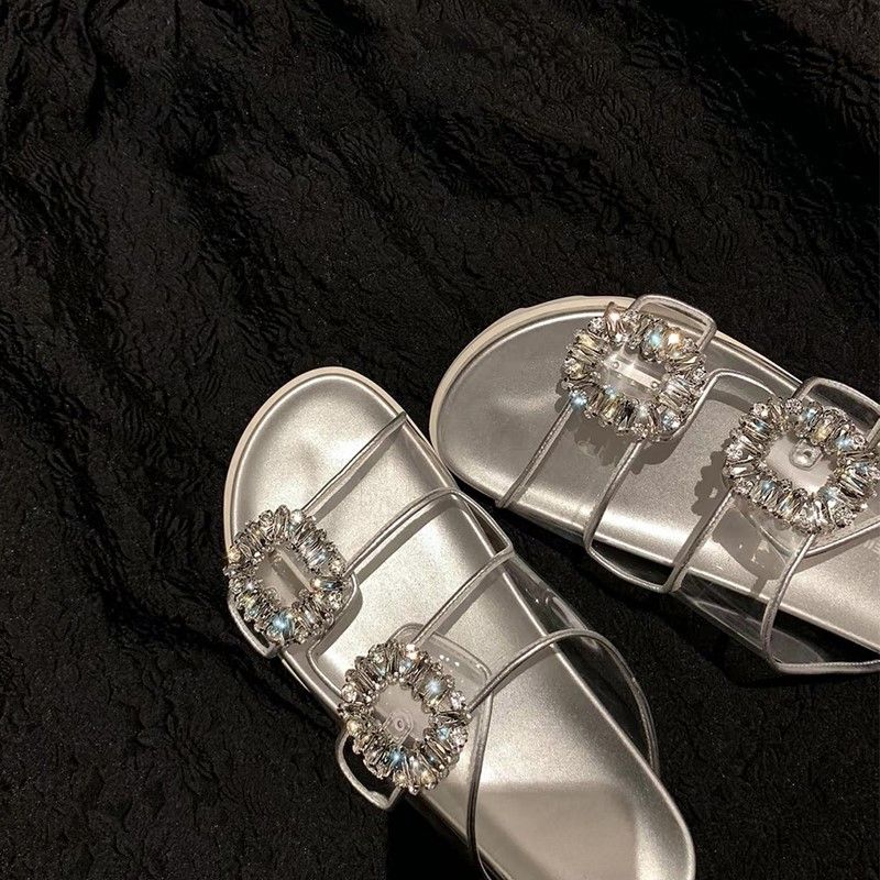  new summer style versatile casual slip-on square buckle rhinestone double-strap thick-soled beach sandals for women's outer wear slippers