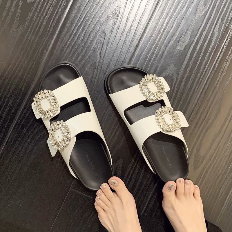  new summer style versatile casual slip-on square buckle rhinestone double-strap thick-soled beach sandals for women's outer wear slippers