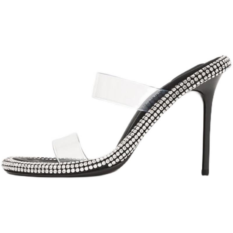 Summer new  open-toed rhinestone transparent hollow one-word strap sandals feminine stiletto bed high-heeled shoes