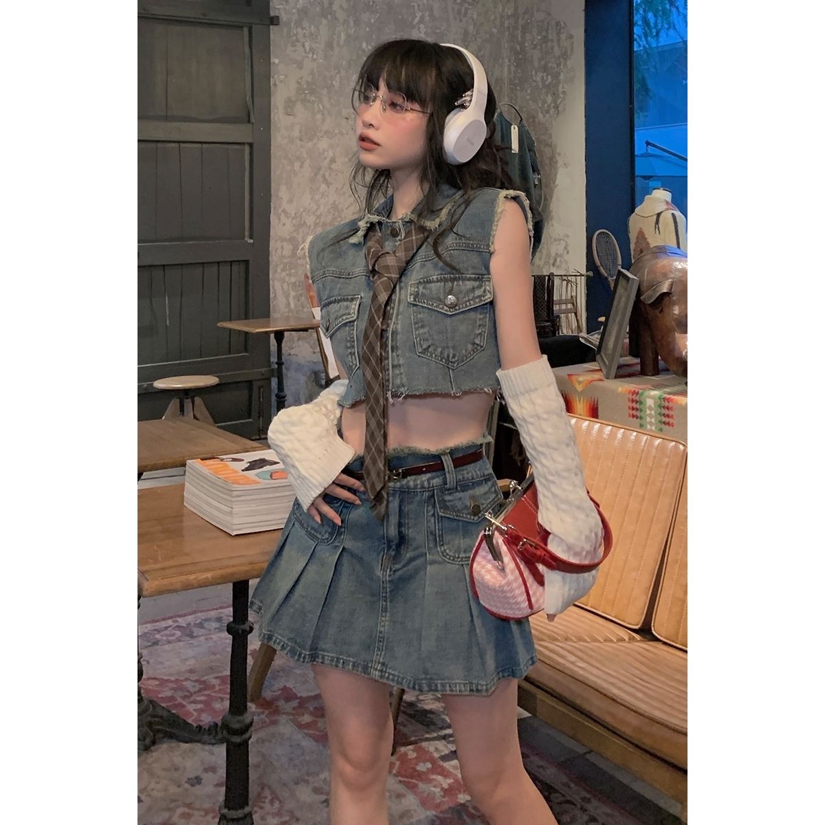Funj square jeans spicy sweetheart retro vest suit women's high waist A-line skirt two piece summer suit