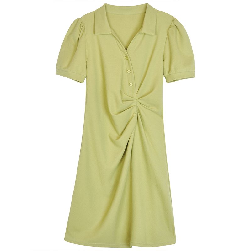 Summer  new small puff sleeve pleated skirt temperament slim slim polo collar niche dress