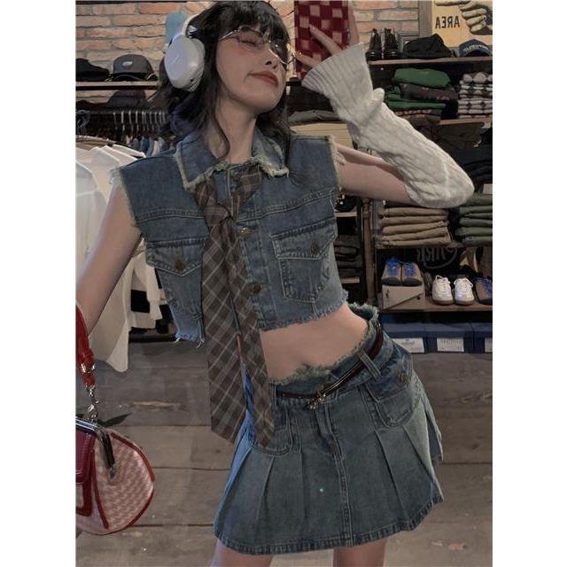 Funj square jeans spicy sweetheart retro vest suit women's high waist A-line skirt two piece summer suit
