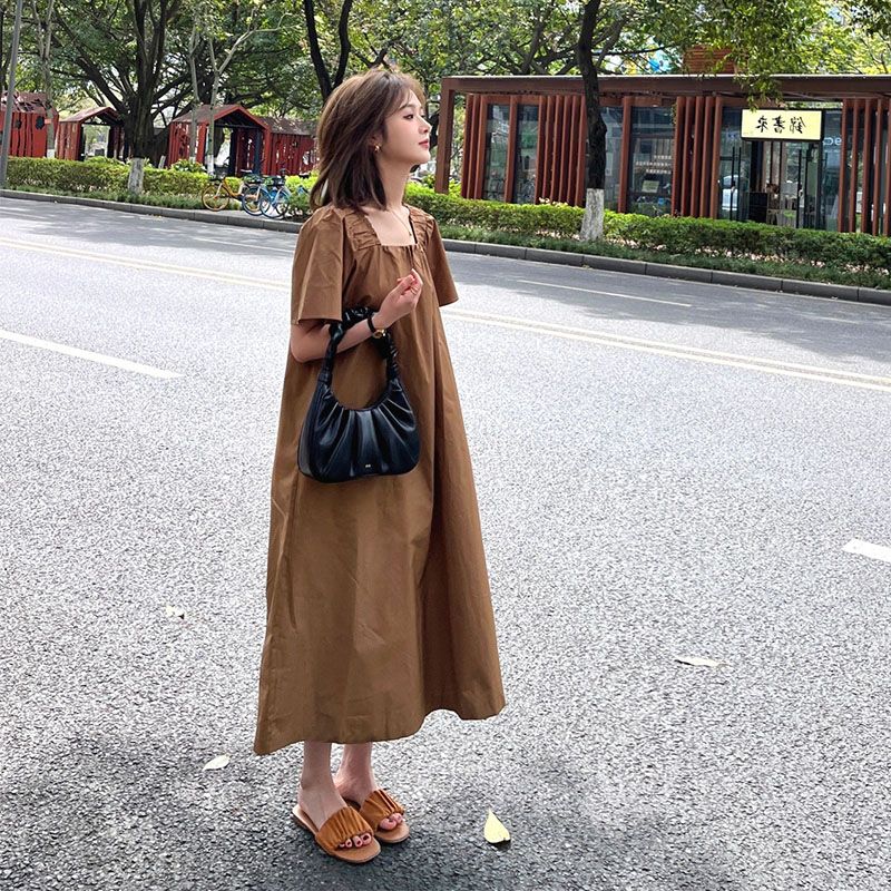 Tea break French square collar retro sweet a-line skirt small man loose and thin pear-shaped figure dress female summer