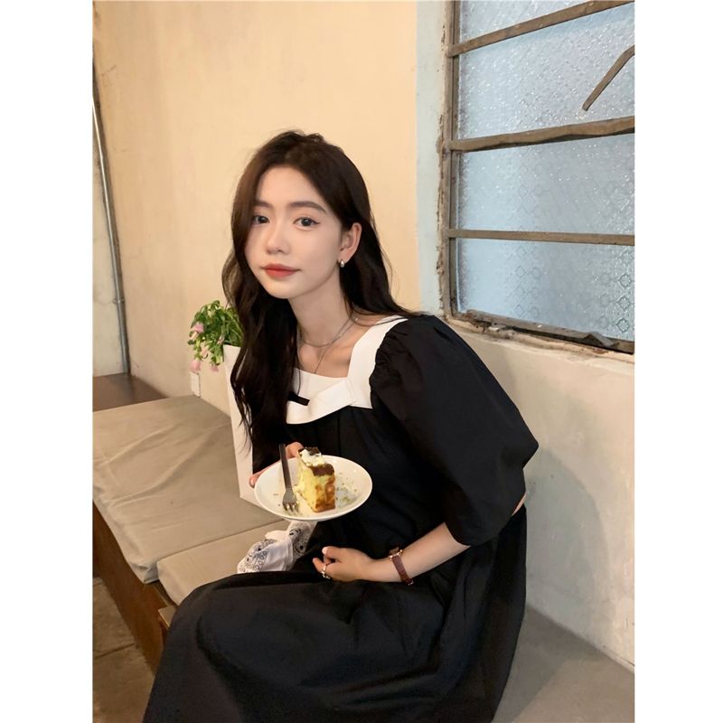 Contrasting color chic square collar black dress summer retro 2023 new foreign style fashion over the knee long female skirt