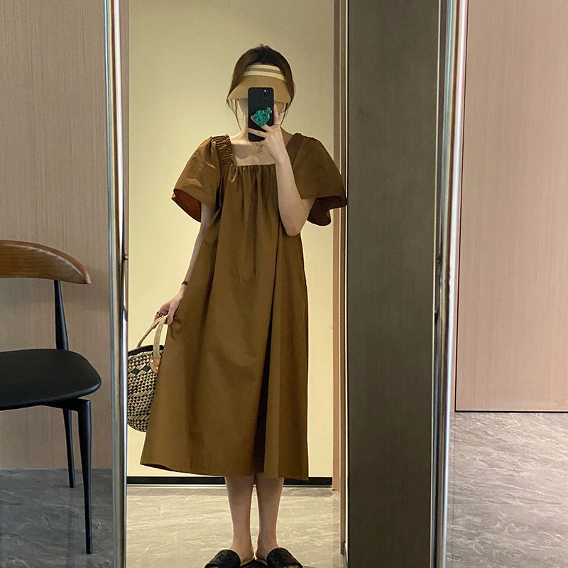 Pure color square collar dress women's summer fashion Korean version loose lotus leaf sleeve temperament simple casual slim skirt