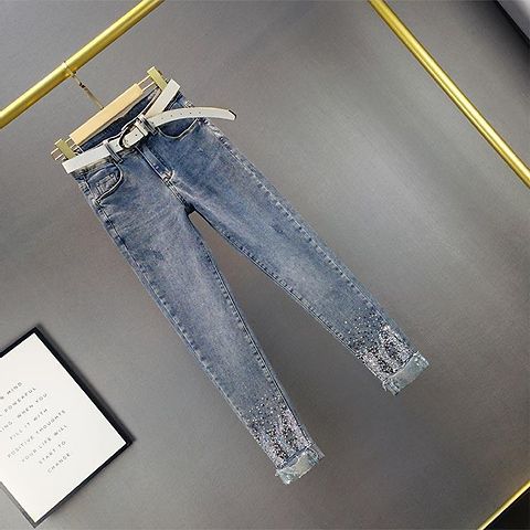 歐貨亮片燙鑽小腳牛仔褲女2022年夏裝新款高腰修身顯瘦鉛筆褲長褲