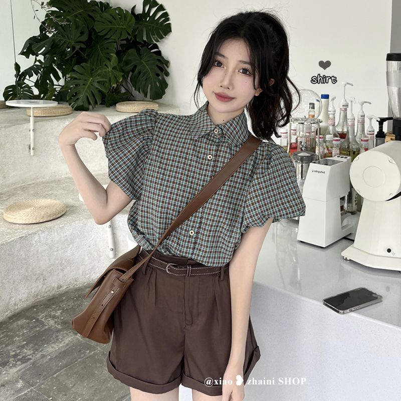 兩件套裝/單件夏季新款格紋襯衫短袖上衣女寬鬆棕色牛仔短褲子ins