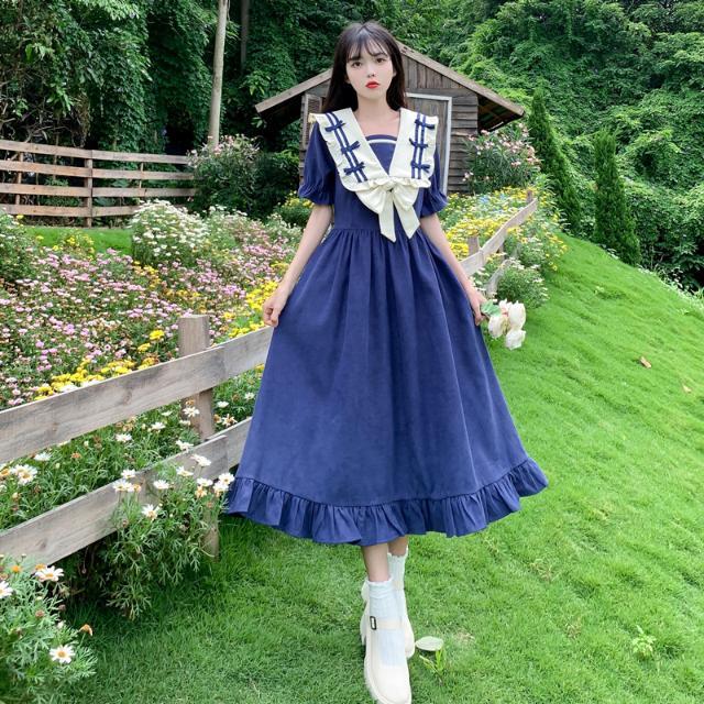 海軍領學院風藍色連衣裙大碼胖MM短袖設計感減齡日系甜美大擺長裙