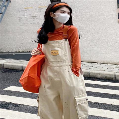 Internet celebrity splashed ink denim overalls women's summer thin section small hiphop milk department tide brand straight-leg jumpsuit trousers