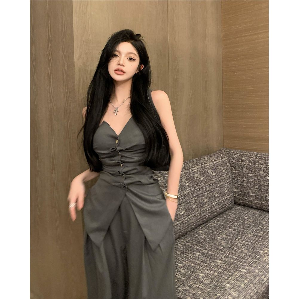 Hong Kong style European and American style hot girl suit women's summer new wrinkled thin tube top top suit wide-leg pants two-piece set