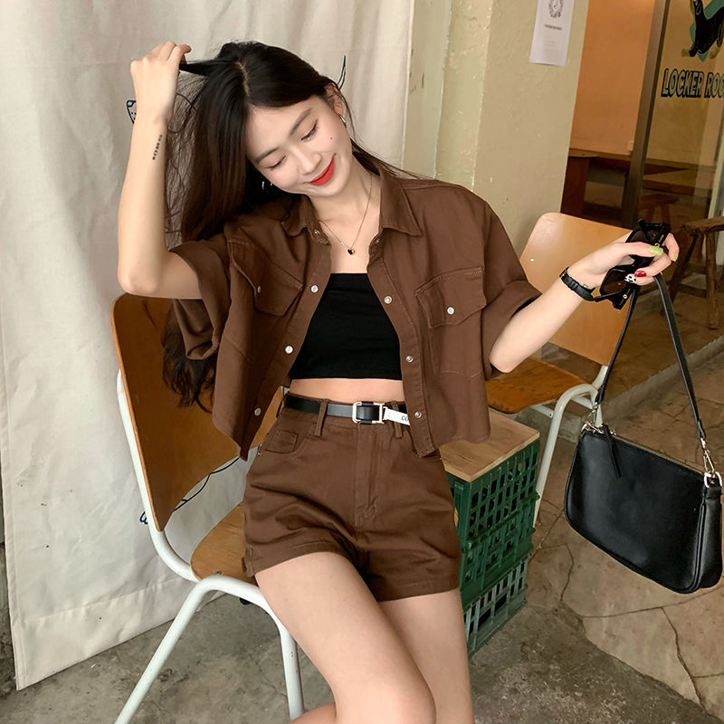 Tooling suit women's summer new retro polo collar short-sleeved jacket + temperament wide-leg shorts one-piece/two-piece set