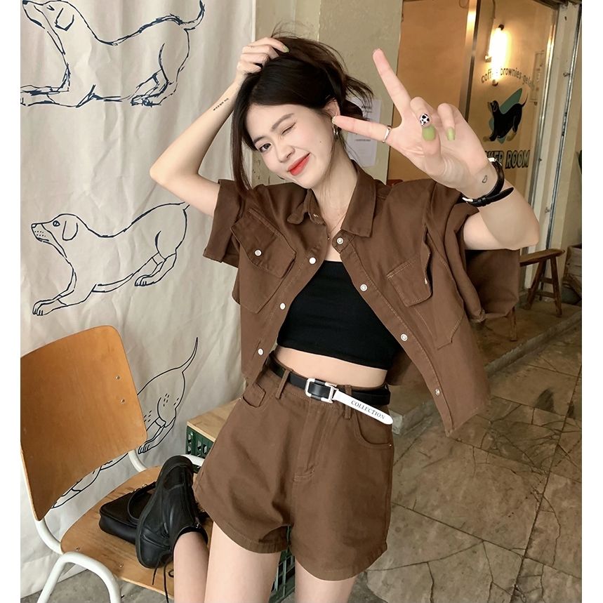 Tooling suit women's summer new retro polo collar short-sleeved jacket + temperament wide-leg shorts one-piece/two-piece set