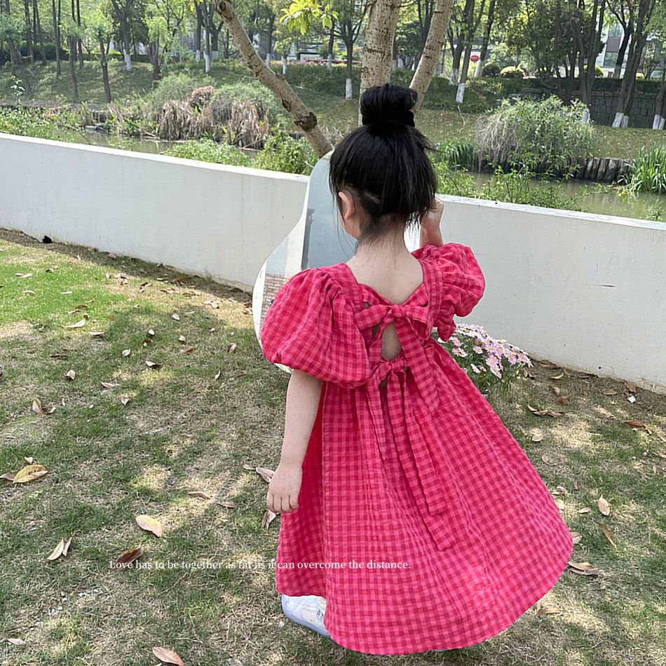 韓國童裝女童泡泡袖連衣裙小女孩夏季洋氣蝴蝶結露背兒童公主裙子