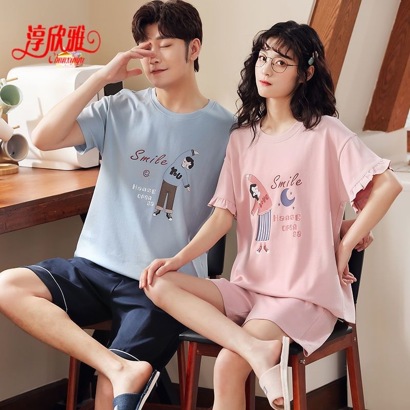 Pure cotton pajamas women's summer couple men's pajamas spring and summer short-sleeved shorts two-piece loose home service