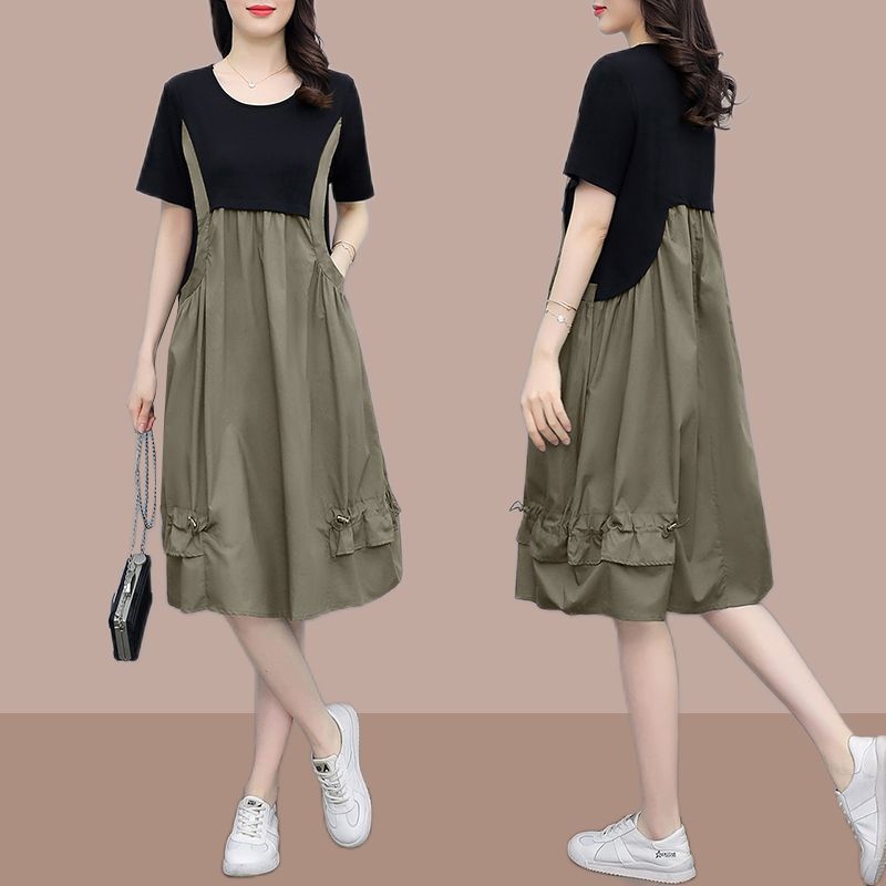 [Pure Cotton] Korean Dress 2023 Summer New Mid-length Half-sleeved Waist Reducing Age Slim Skirt Trend