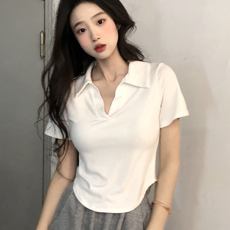 V-neck short-sleeved t-shirt women's large size fat mm300 catties summer polo collar slim fit irregular short top ins