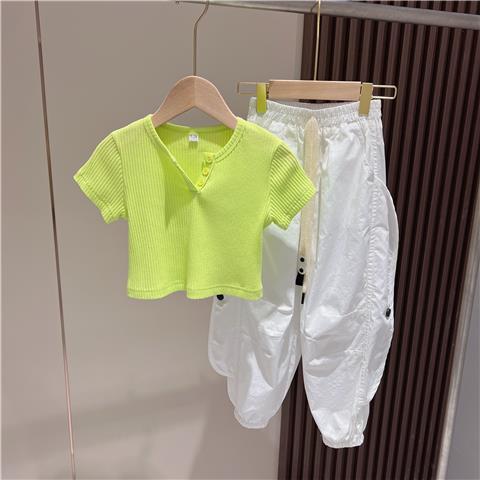 女童套裝夏季洋氣2023新款小女孩休閒寬鬆薄款運動褲時尚兩件套潮