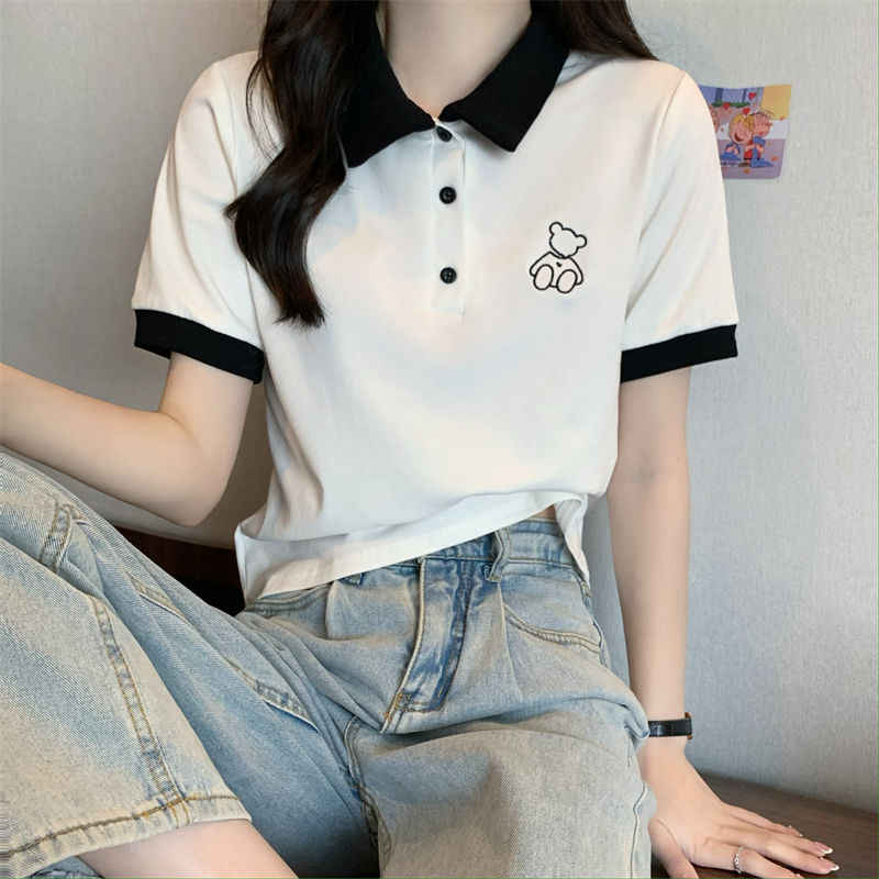 夏季2023年新款韩版设计感撞色polo领白色上衣宽松小熊短袖T恤女