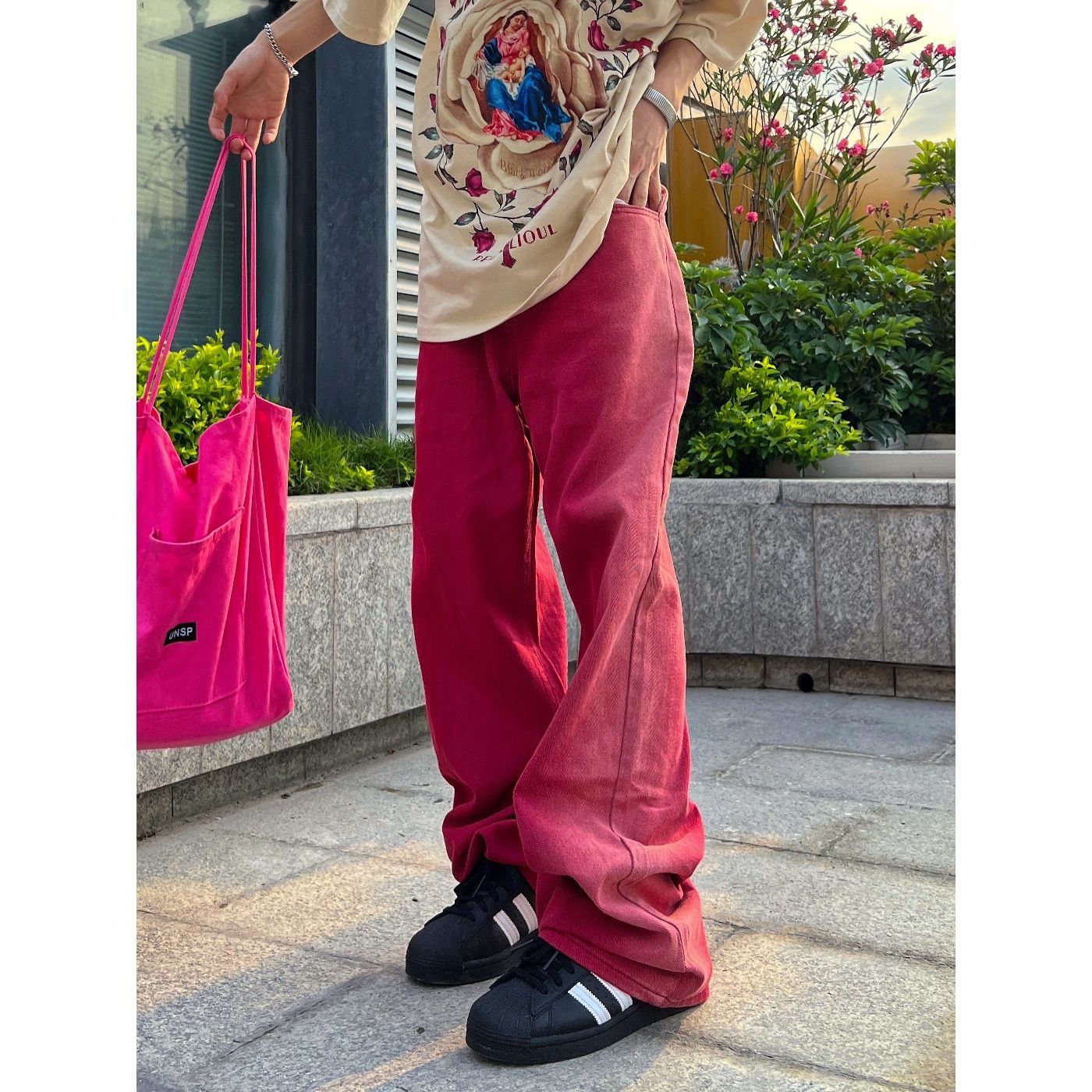 夏季高街粉色漸變水洗牛仔褲男女韓版潮牌復古街頭直筒寬鬆闊腿褲