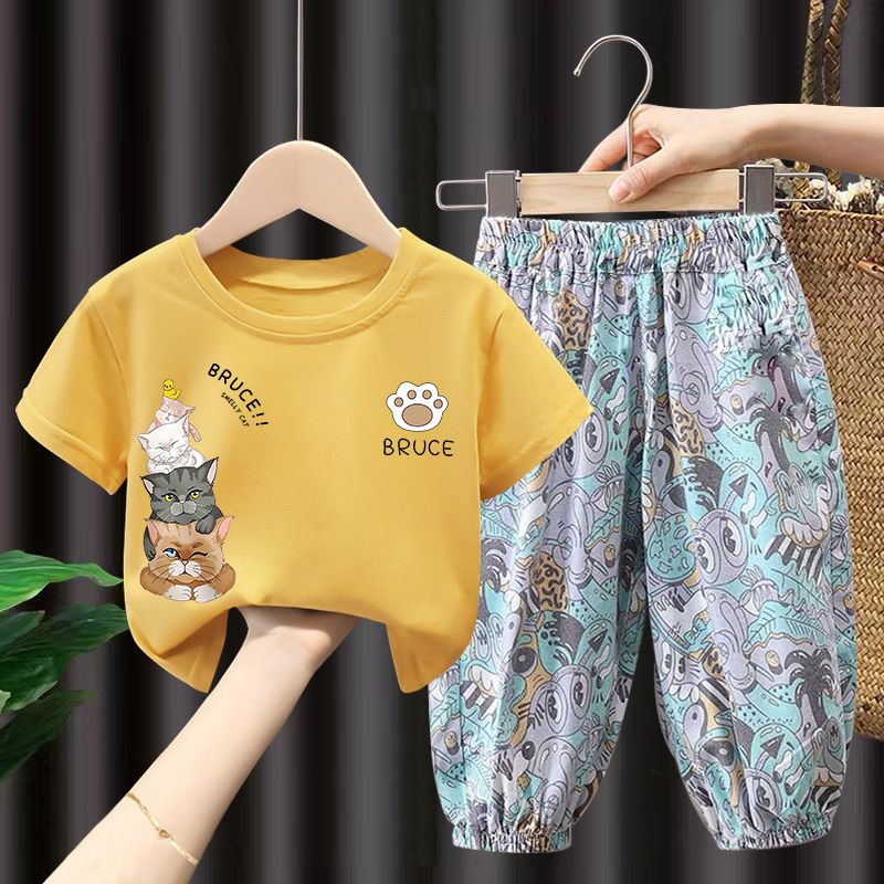 純棉女童網紅套裝2022新款夏裝短袖大中小兒童潮流男孩時尚兩件套